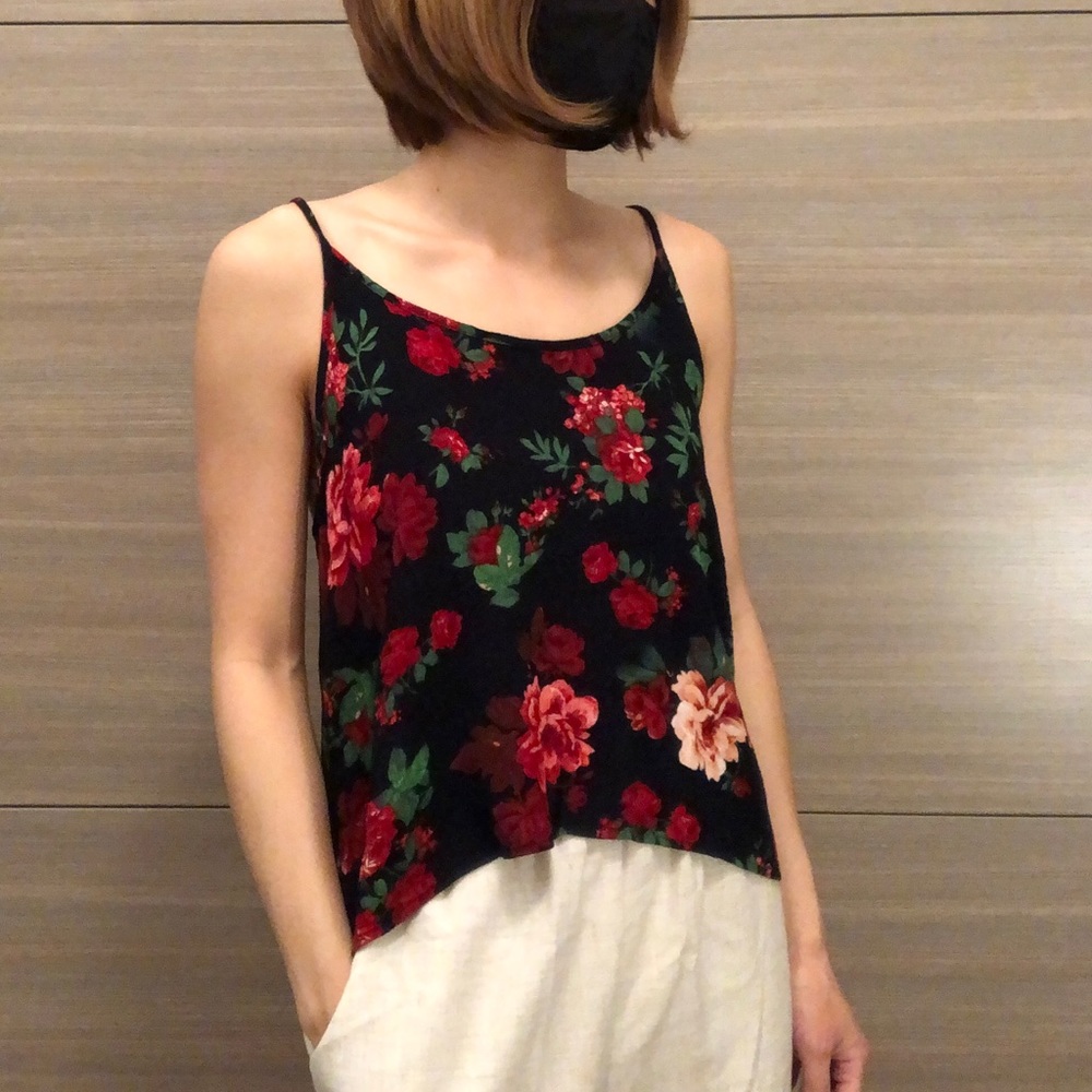 Ambiance Apparel tank top.  Very dark blue with red/pink floral pattern.